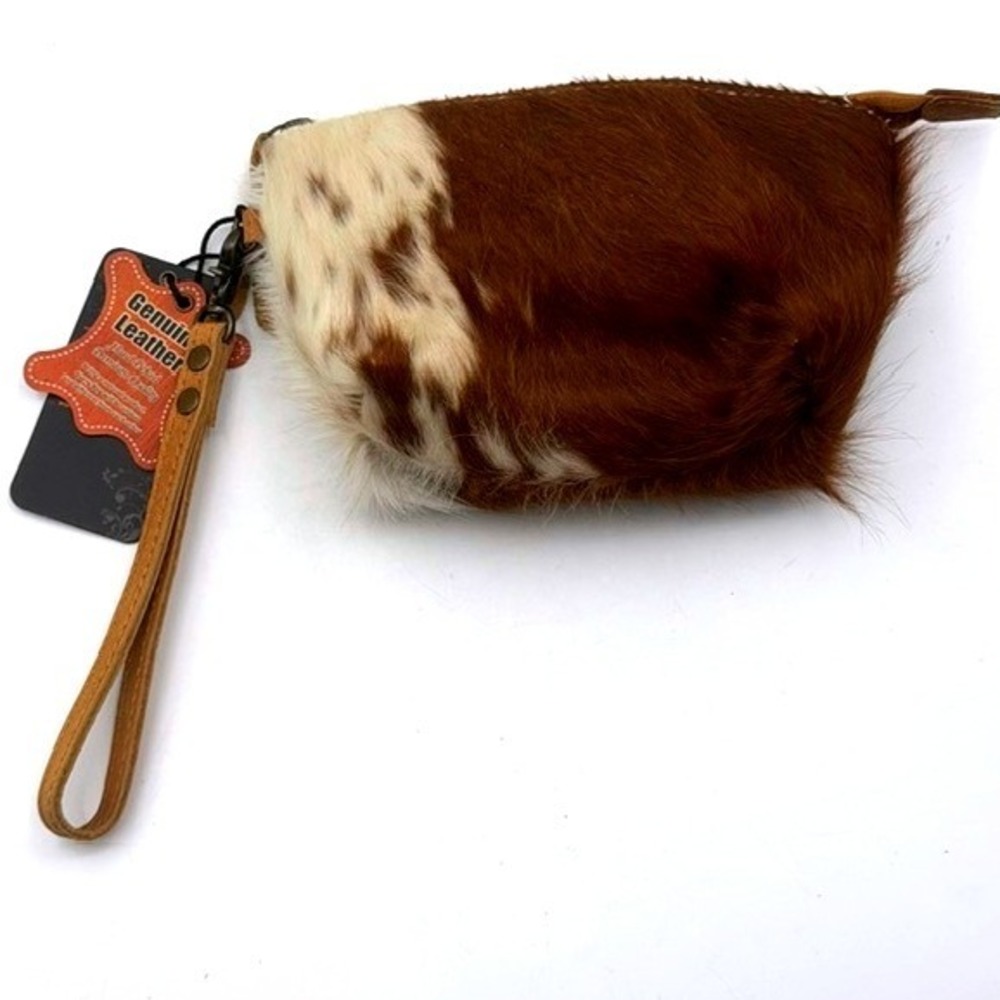 American Darling Leather Cowhide Wristlet Clutch Brown White Hair-on-Hide Bag